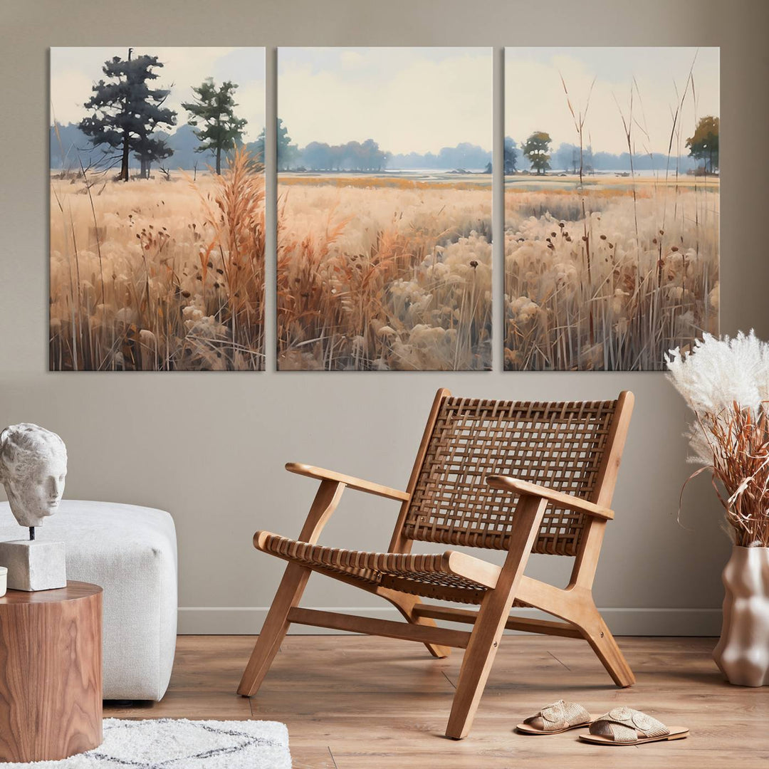 The Golden Fields Canvas Wall Art Print, a serene depiction of nature's tranquility in minimalist modern decor style, graces the wall with its calming presence.