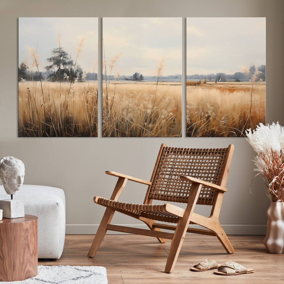 A Wildflower Field Landscape Oil Painting, showcasing a vintage art print of a serene field with tall grasses and distant trees, is beautifully presented on museum-quality canvases with gallery-wrapped edges.