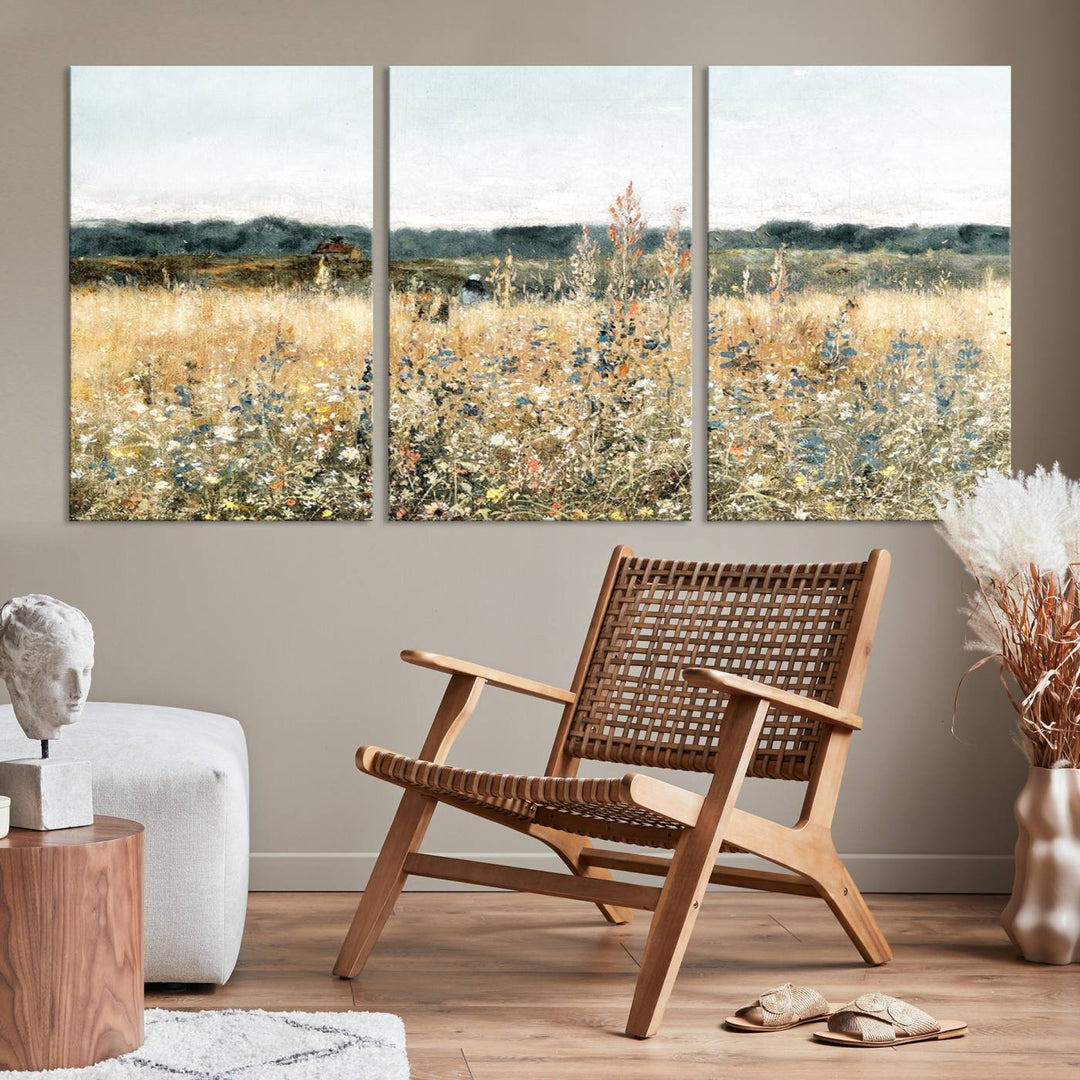 The "Wildflower Field Wall Art Canvas" brings rustic charm to the room with its nature-inspired landscape print, making it a perfect addition to the living room or office.