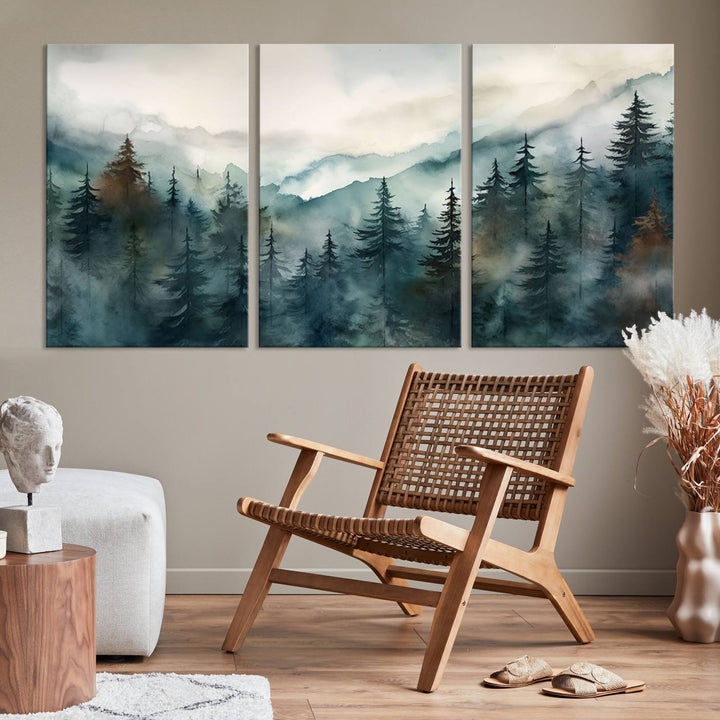 A set of Serenity Forest Wall Art Canvas prints, showcasing foggy mountain landscapes, is displayed in the living room.