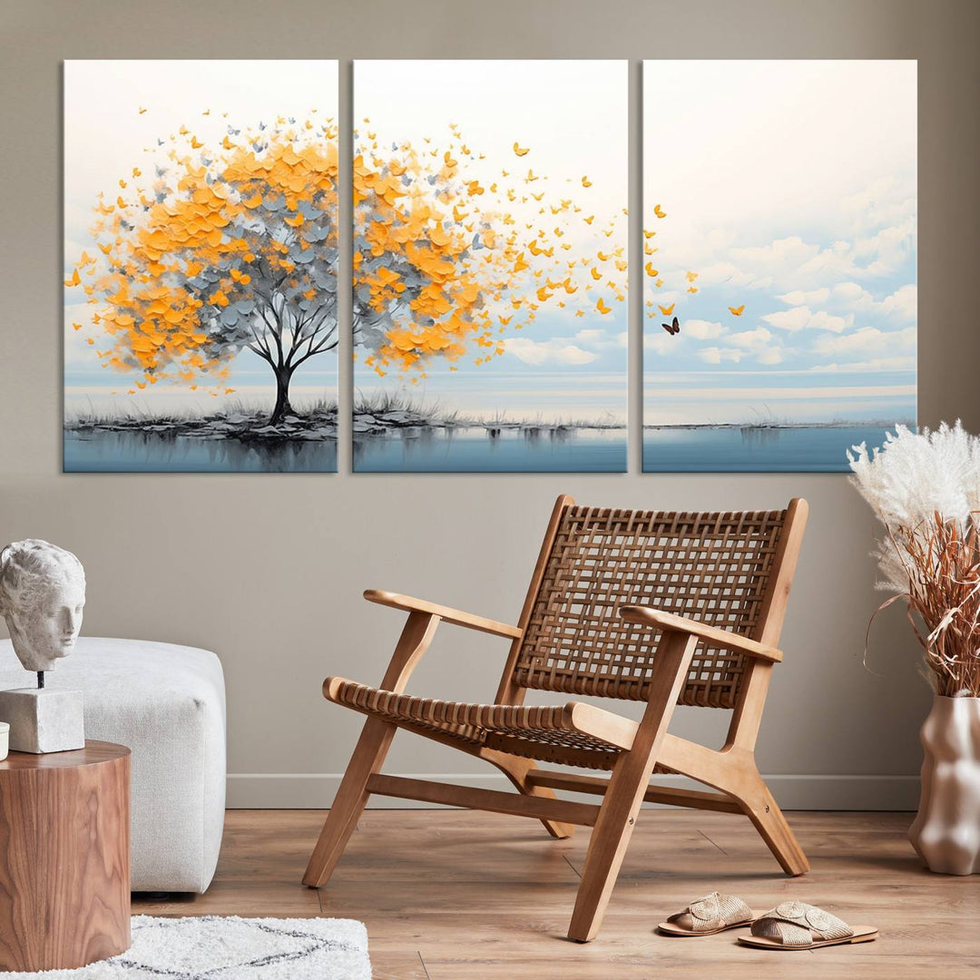 Abstract tree with yellow butterflies canvas wall art in a modern living room setting.