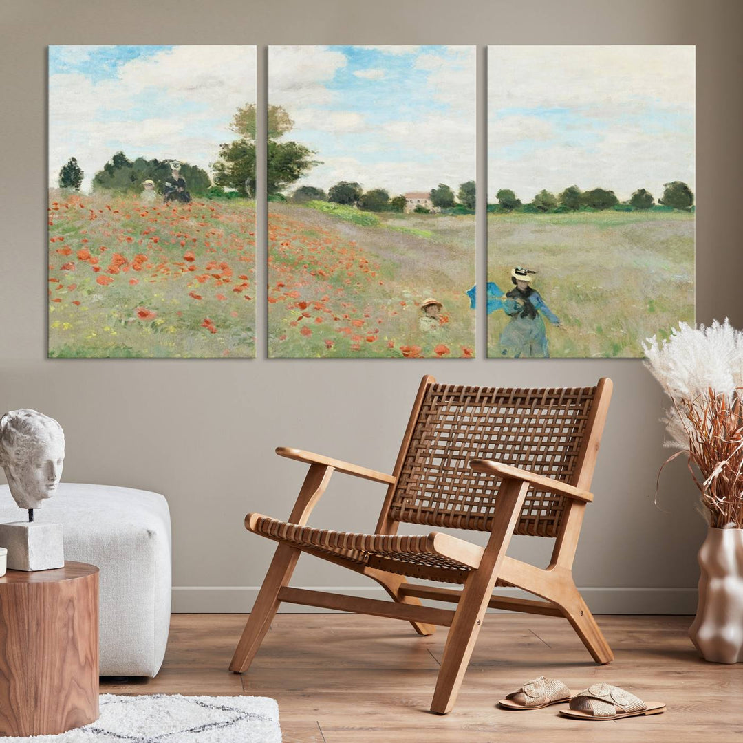 The Claude Monet The Poppy Field Canvas Print features a scene of a serene meadow with blooming flowers and a woman and child. It is printed on museum-quality canvas with UV-protective coating.