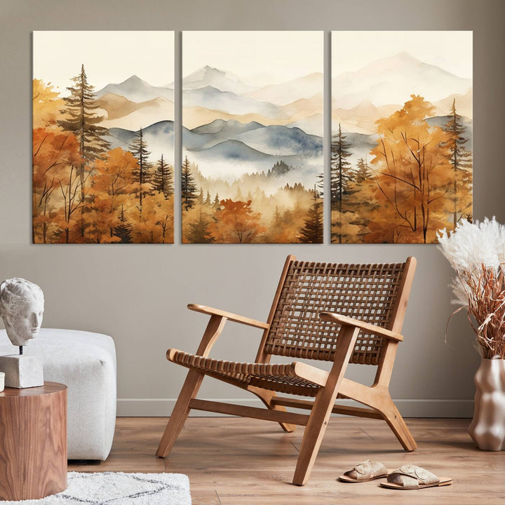 Abstract Mountain Mist Canvas Wall Art – Tranquil Autumn Forest and Misty Peaks - Ready to Hang