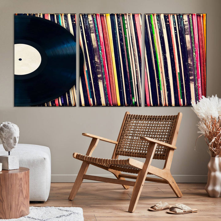 The room showcases the "Vinyl Record and Album Collection Canvas Wall Art," a perfect retro music decor piece for vintage vinyl lovers.