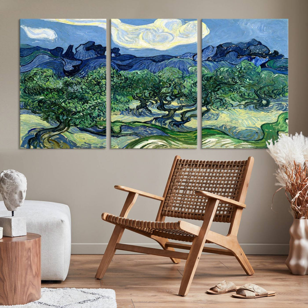 The Olive Trees Van Gogh Wall Art Canvas Print enhances the living room with its vivid landscape on museum-quality canvas, complete with a UV-protective coating.