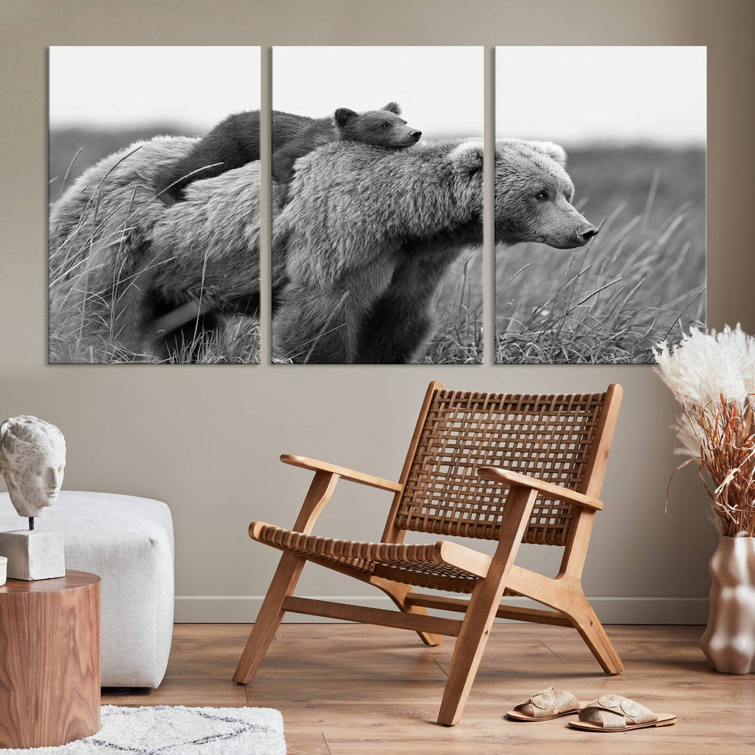 Baby Bear and Mom Bear Family Black & White Canvas Print Wall Art Canvas