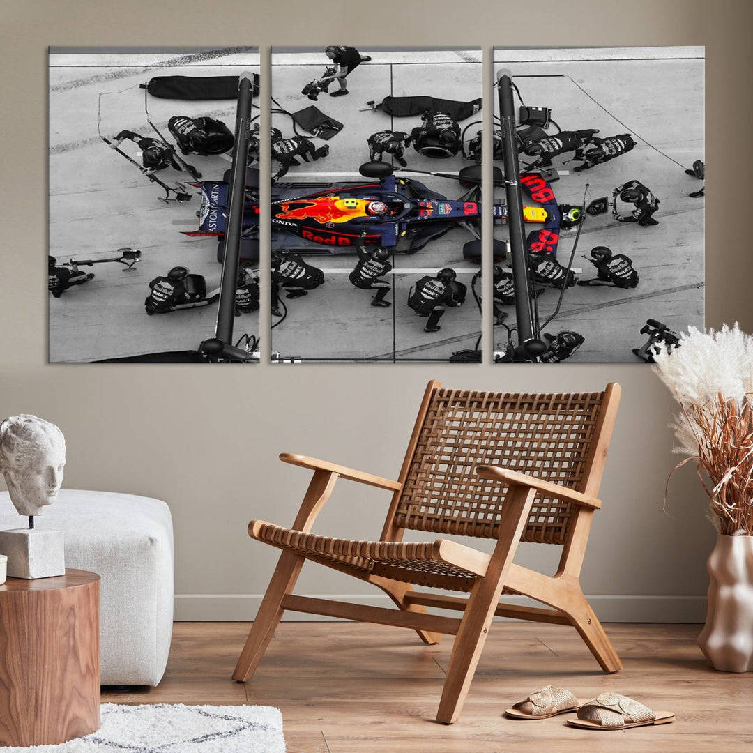 The RedBull Formula 1 Canvas Wall Art Print, a set of three gallery-quality pieces, elegantly adorns the wall.