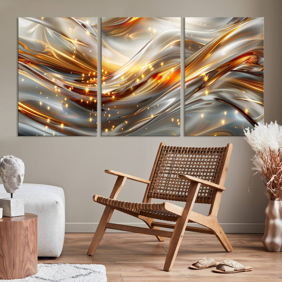 The Elegant Modern Gold Abstract Wall Art - Premium Framed Canvas Print for Home & Office Decor showcases a captivating triptych with swirling metallic designs and golden sparkles, perfectly enhancing contemporary interiors.