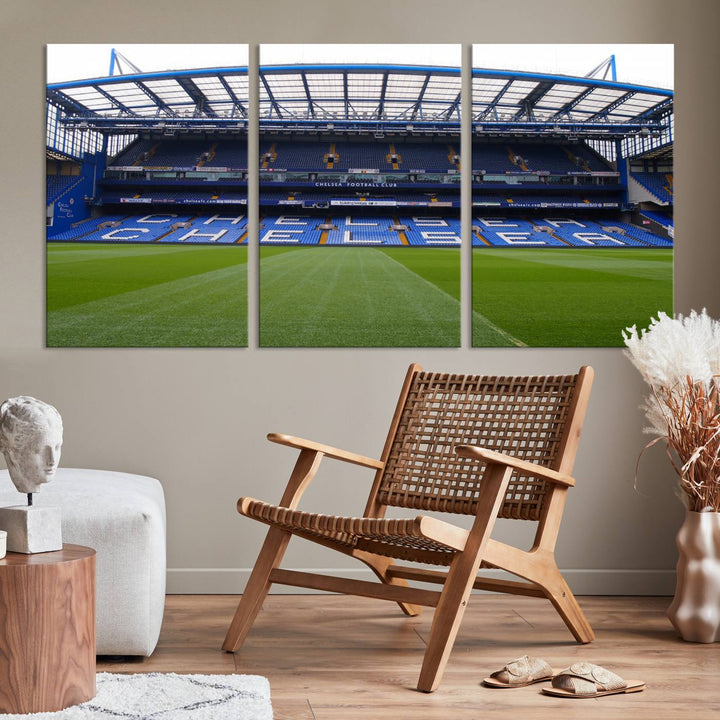 The Chelsea FC Soccer Team Print - Stamford Bridge Stadium Wall Art Canvas Print hangs elegantly, bringing the thrill of the game into your living room.