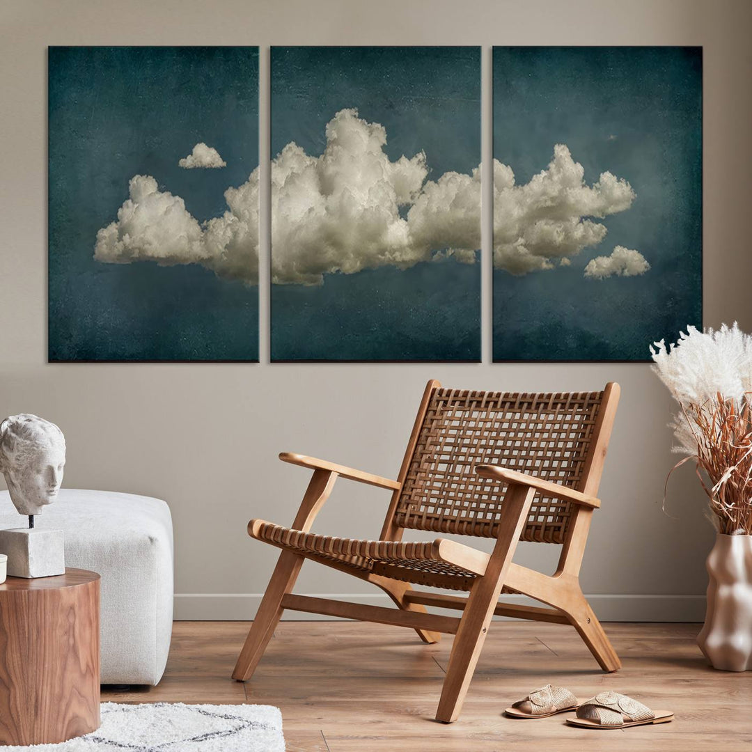 The Vintage Green Clouds Wall Art Canvas Print, set against a teal backdrop, showcases breathtaking canvas artwork with a gallery-quality finish.