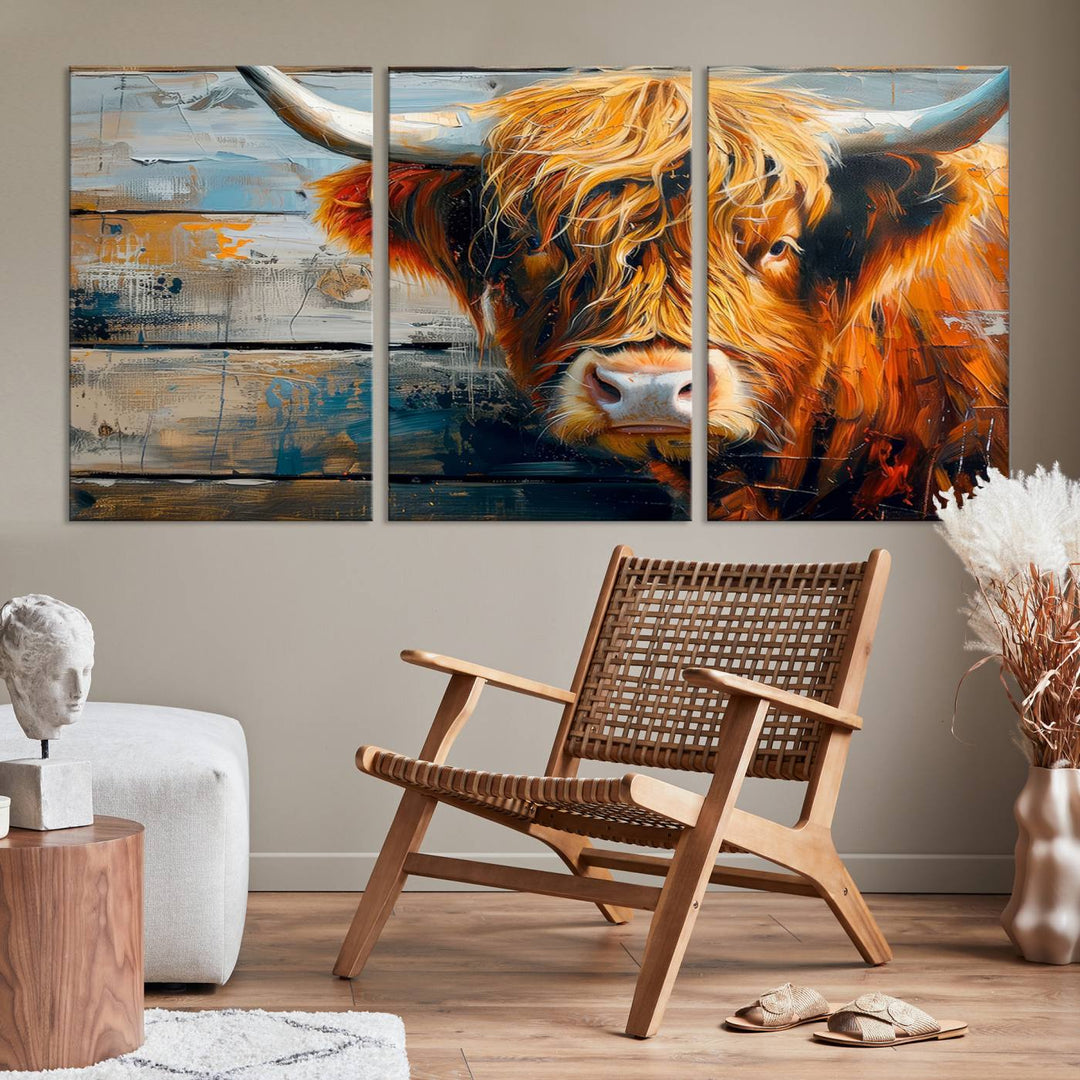 The Highland Cow Abstract Canvas Wall Art, a bold piece of farmhouse rustic decor, adds charm to the modern living room.