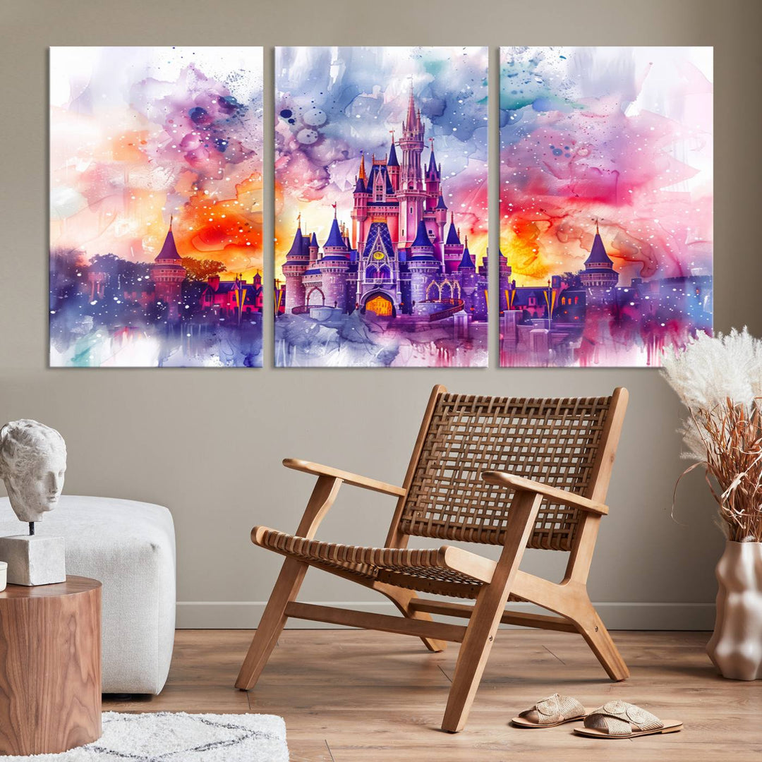 A vibrant piece of wall art depicting the Cinderella Castle from Disneyland, presented as a watercolor painting on premium canvas, is displayed.