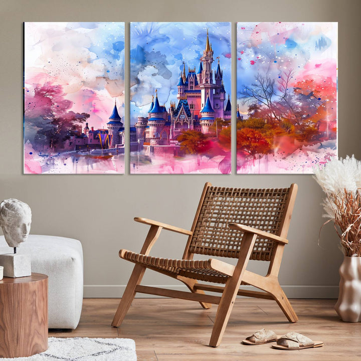 The Disney Wall Art: Dreamy Watercolor Cinderella Castle Canvas Print features a fairy-tale castle with vibrant pink, blue, and purple hues. Expertly handmade in the USA, this premium canvas wall art adds a touch of enchantment to any room.