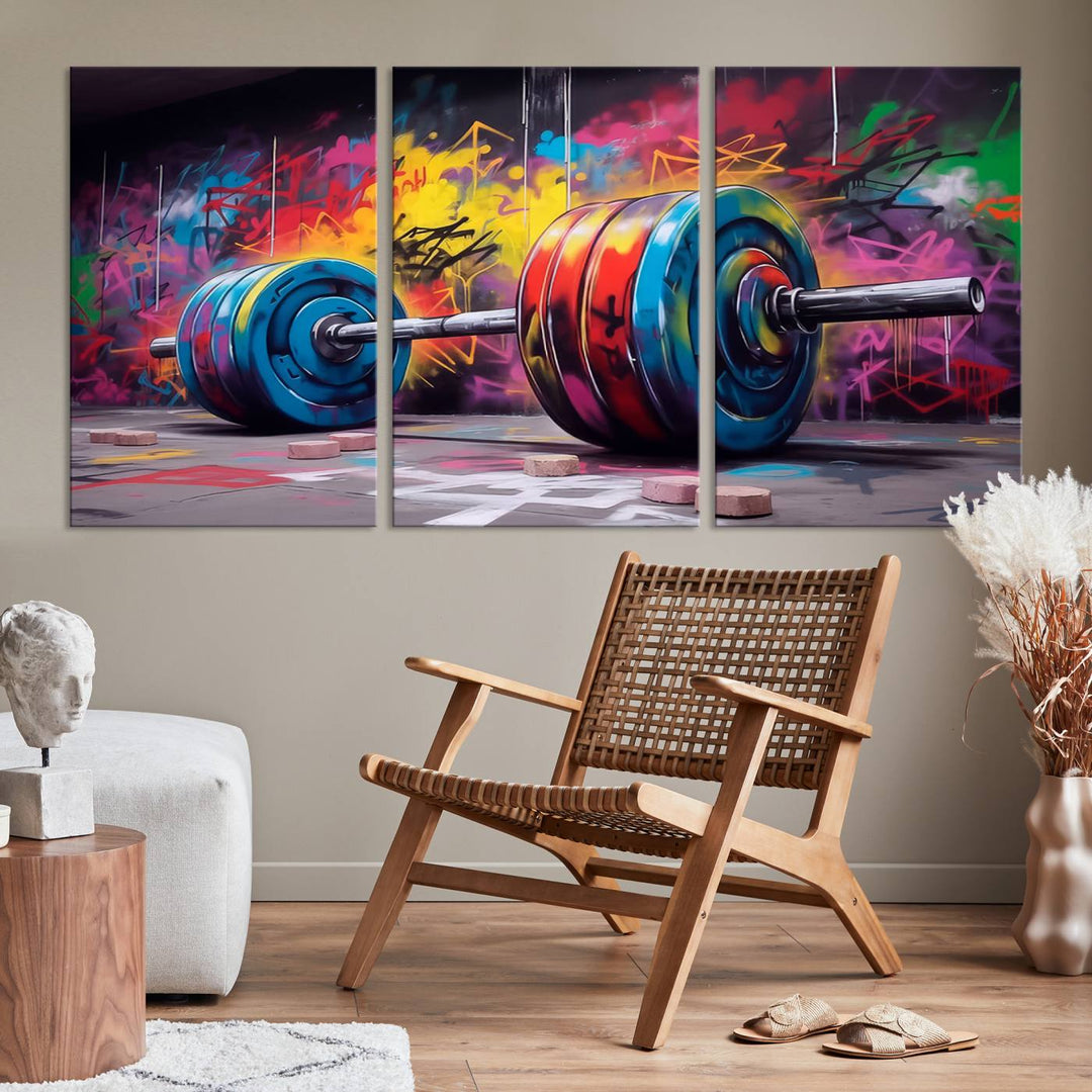 Colorful Graffiti Barbell Canvas Wall Art – Urban Fitness Meets Bold Street Art – Ready to Hang