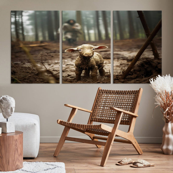 Jesus Running After a Lost Lamb Canvas Wall Art Print