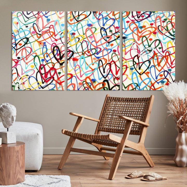 The "Colorful Love Canvas print," featuring vibrant abstract street art with overlapping loops, is handmade in the USA.