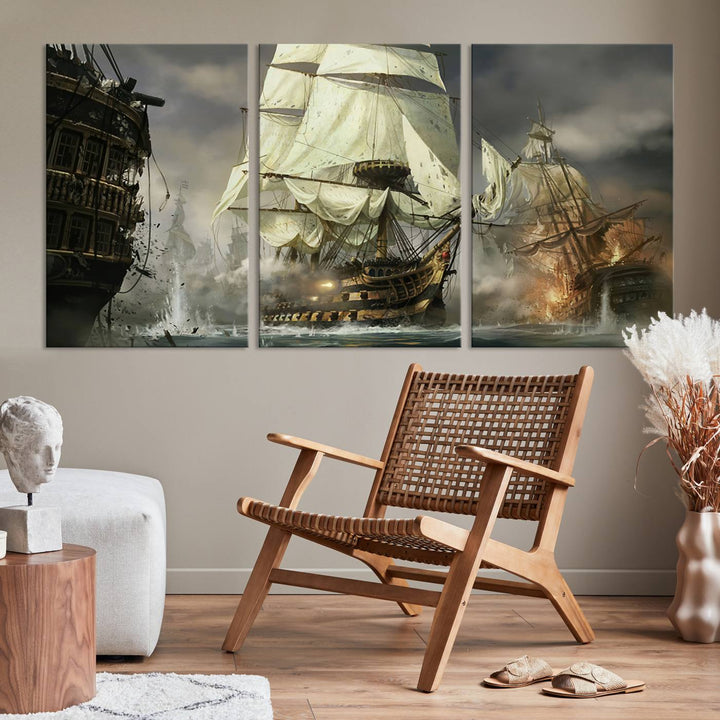 The Pirate Ship War Wall Art Canvas Print, featuring a stunning three-panel depiction of an intense sea battle with tall ships, boasts a gallery-quality finish that adds an elegant touch to its display.