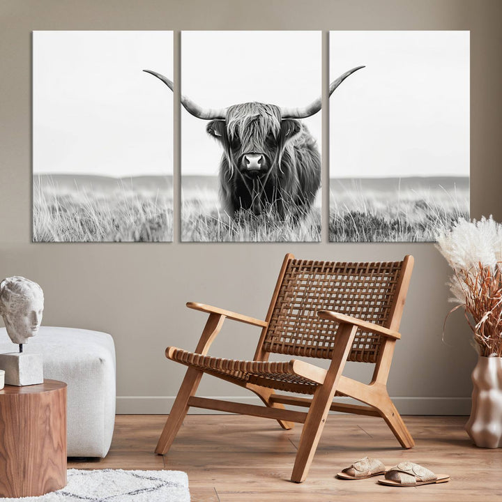 The living room is enhanced by a stunning three-panel Longhorn Wall Art Canvas Print. This museum-quality piece of Texas Longhorn Art comes on a gallery-wrapped canvas with a UV-protective coating to keep it vibrant under everyday light exposure.