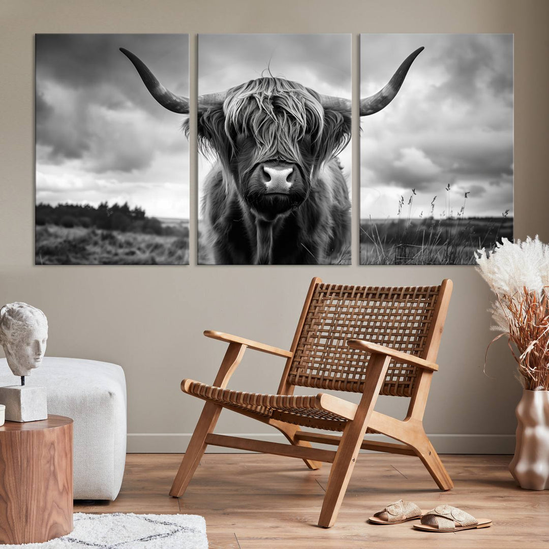 A stunning gallery-quality piece, the "Scottish Cow Wall Art Canvas Print | Longhorn Wall Art | Bighorn Animal Wall Art," depicts a Highland cow with long horns and shaggy fur. This captivating wall art elegantly enhances the space.