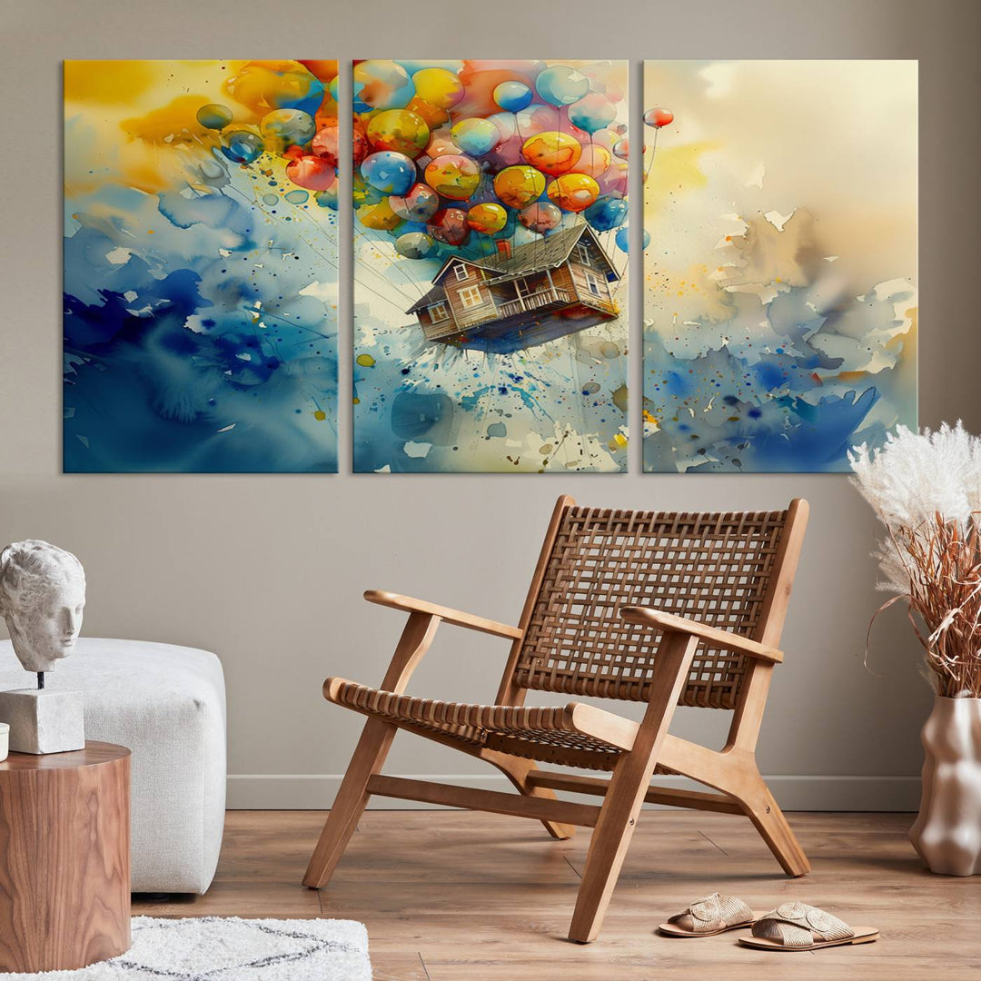 The Cartoon Movie Wall Art Canvas Print, featuring a vibrant house lifted by balloons and split across three panels, serves as captivating wall art. Handmade in the USA, it adds charm and whimsy to any space.