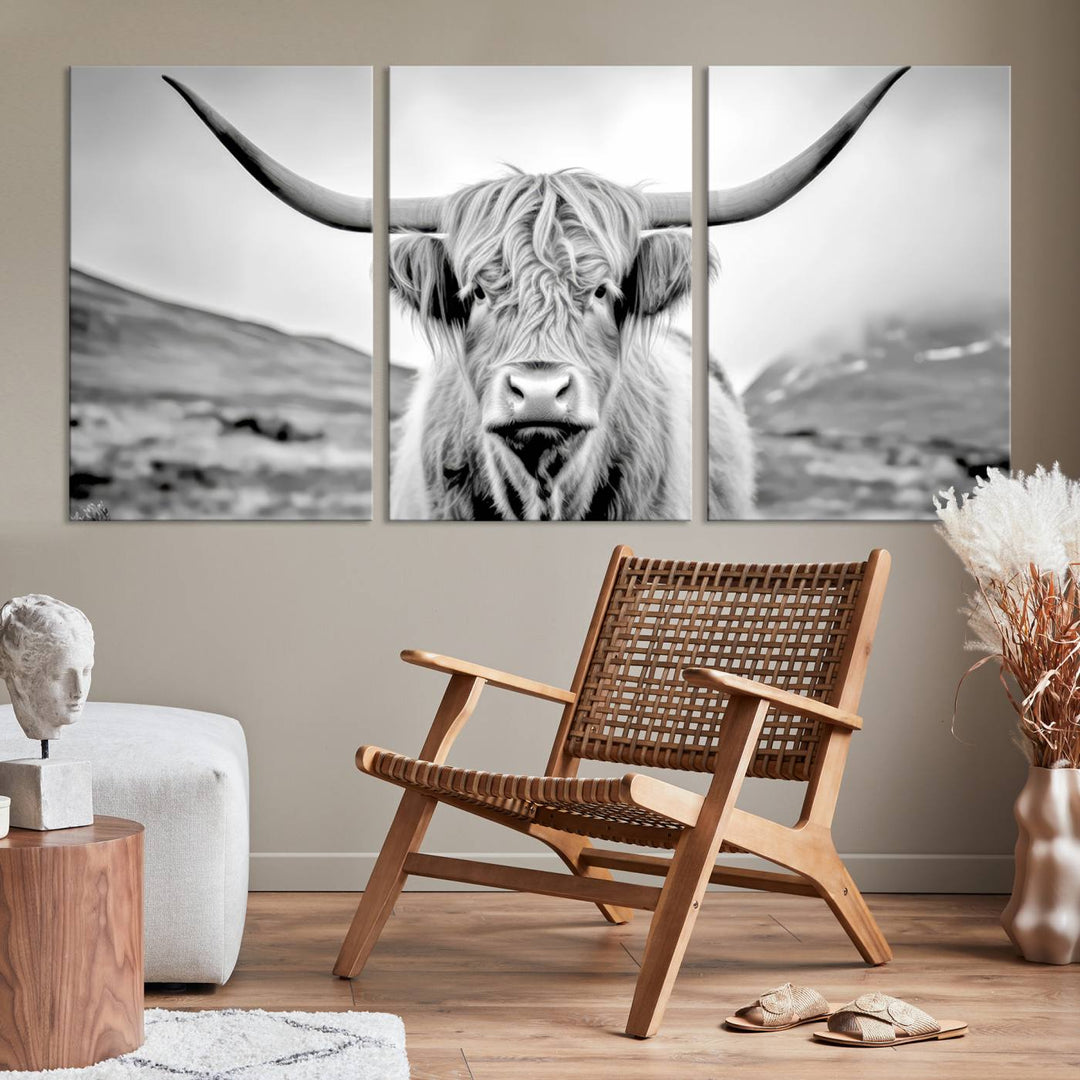 A "Scottish Cow Wall Art Canvas Print" with a gallery-quality finish hangs prominently.