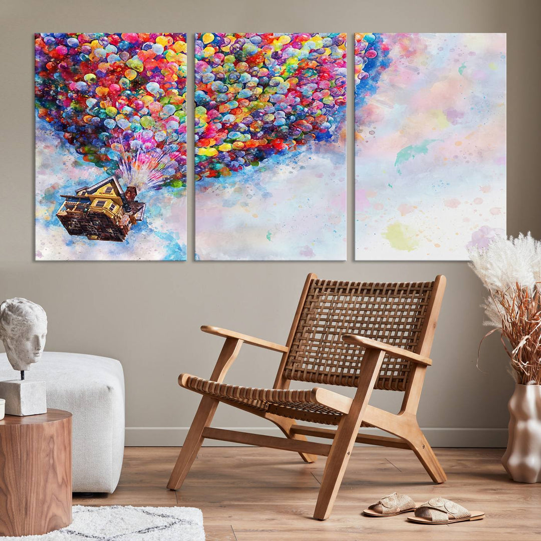 The "Watercolor Cartoon Movie Balloons Canvas Print" is showcased, depicting a whimsical house being lifted by colorful balloons. This triptych wall art is crafted on museum-quality canvases with a UV-protective coating to maintain its vibrant colors, making it ready to hang in any room.