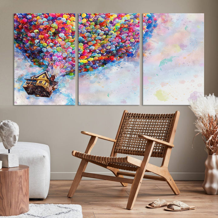 The Don't Look Up Movie Canvas Wall Art features a vibrant scene of a floating house carried by colorful balloons against a pastel sky. It's an ideal piece for movie enthusiasts who appreciate imaginative decor.