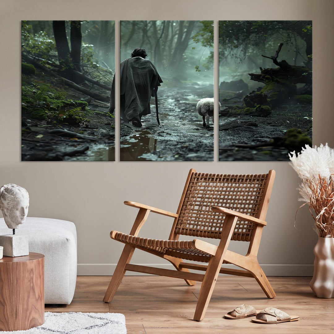 The "Forest Jesus Shepherd Canvas Wall Art" features a person with a cane, clothed in a cloak, walking beside a sheep through a misty forest. This piece captures tranquility and is ideal for adding serenity to your living room, office, or bedroom decor.