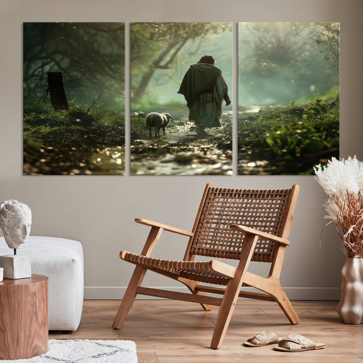 The wall art piece, titled "Jesus Shepherd a Lost Lamb Canvas Wall Art Print," is suspended on the wall and depicts a robed figure and a lamb wandering along a forest path.