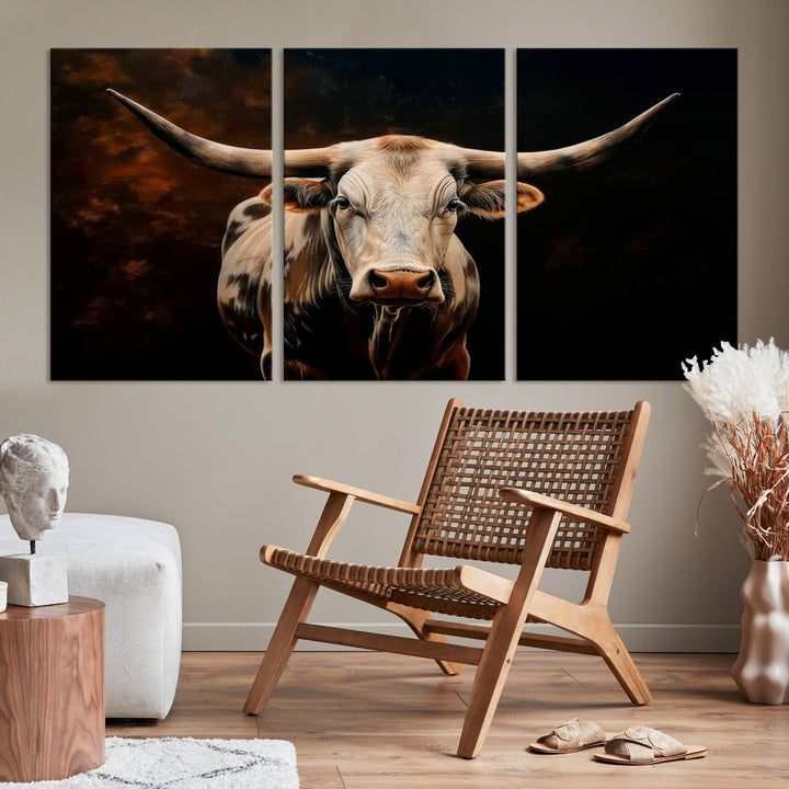 The Texas Longhorn Wall Art, a 3-panel large canvas print, infuses the room with a dash of cowboy charm.