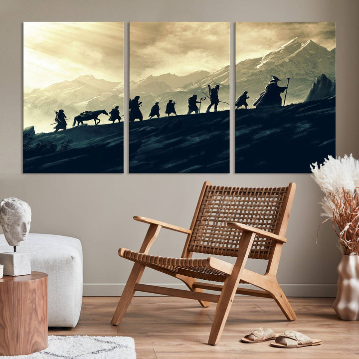 A canvas print titled "Lord of the Rings Silhouette Wall Art Capturing the Epic Quest Through Middle-Earth - The Fellowship's Journey" is displayed.