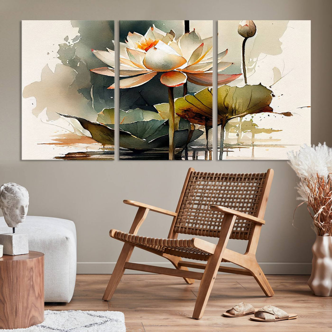 The Lotus Flower Watercolor Canvas Print, a contemporary wall art piece symbolizing serenity and growth with its soft watercolors, adorns the wall.