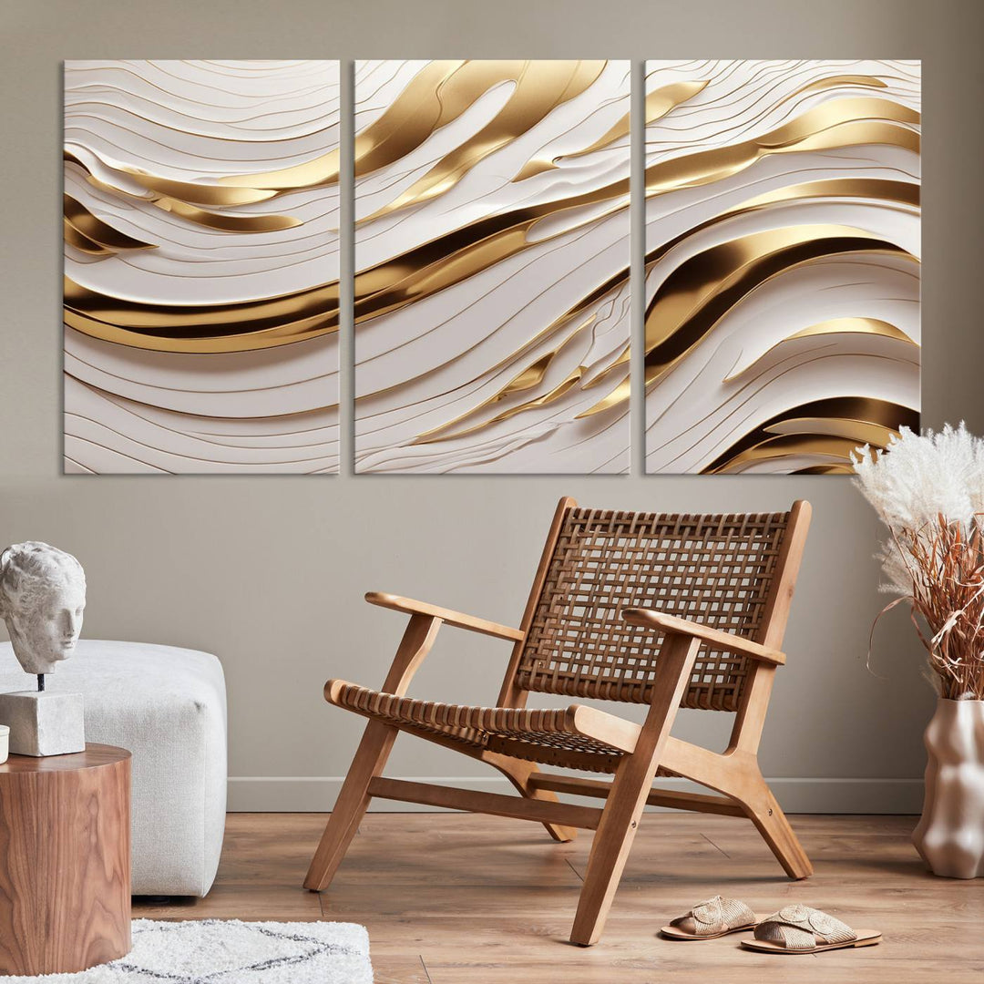 The "Gold and White Abstract Wave Canvas – Elegant Flowing Design with Luxurious Golden Accents" beautifully enhances the area and creates a stunning focal point in the room.