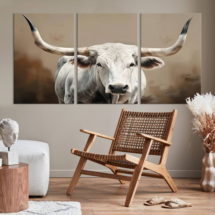 Texas Longhorn Canvas Wall Art features a triptych design on premium canvas with a gallery-quality finish.