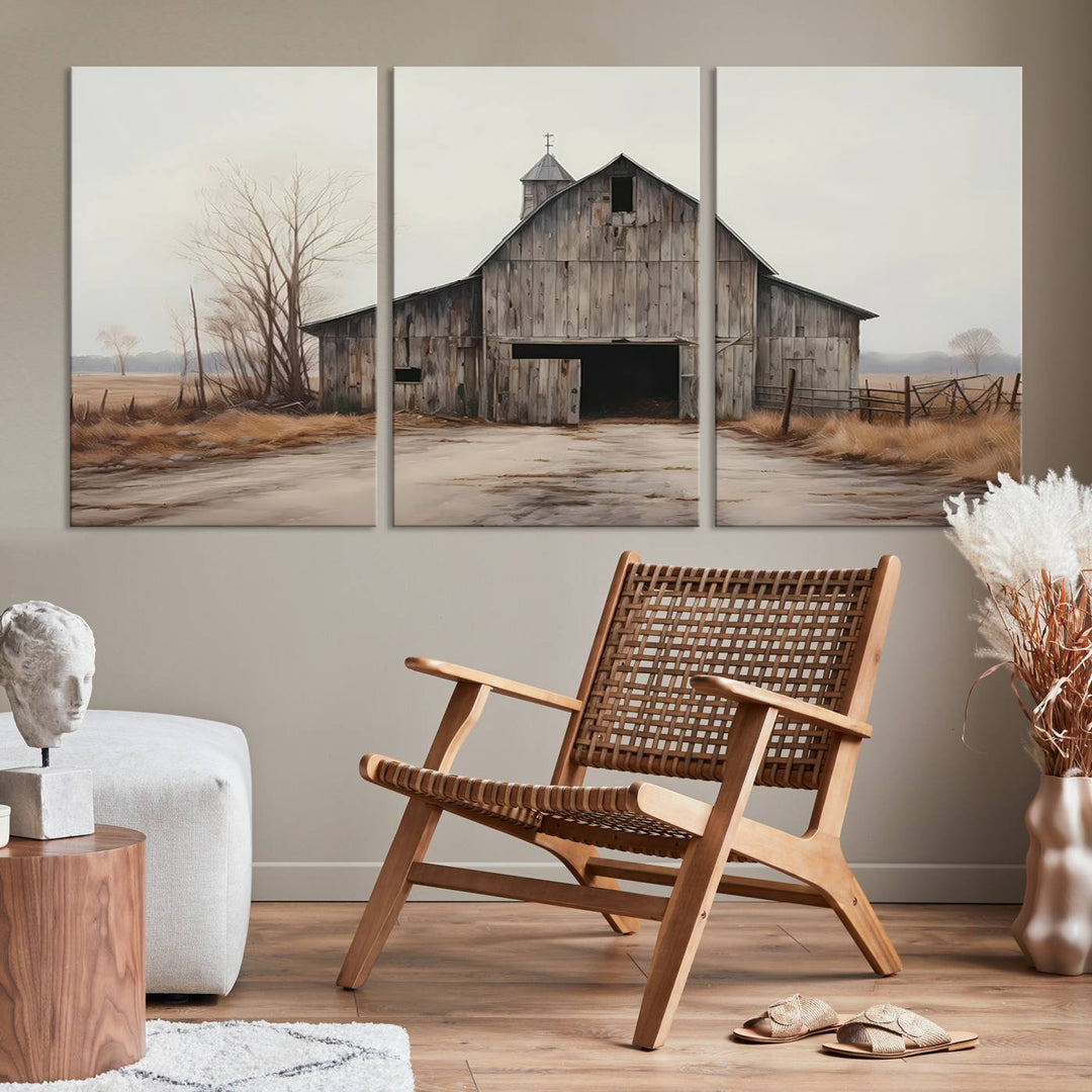 A framed and ready-to-hang Farmhouse Rustic Barn Wall Art Canvas Print is displayed against a gray wall. This stylish modern living room seamlessly combines rural life wall décor with contemporary comfort.