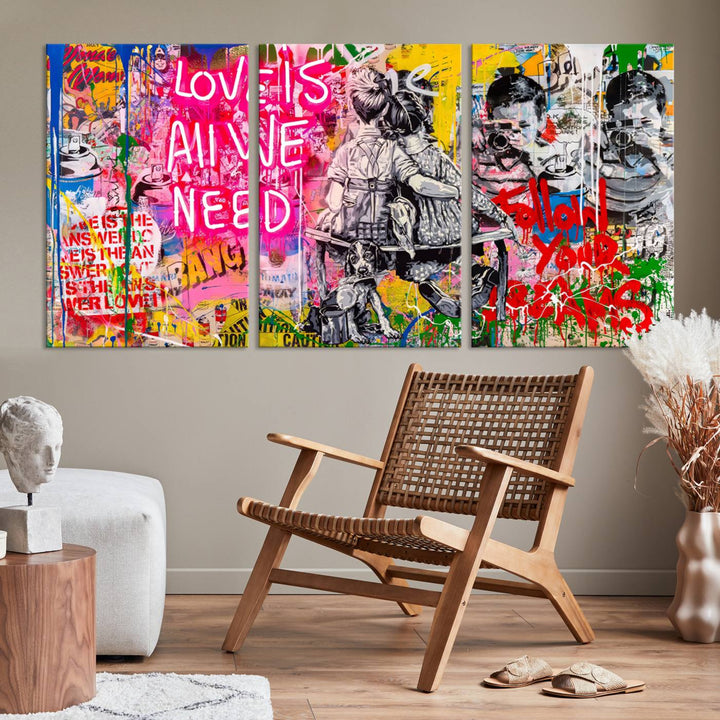 A vivid display of the "Follow Your Dreams & Love is All We Need" graffiti street art energizes a modern room with its three-panel arrangement. This bold giclee canvas print infuses any contemporary space with dynamic flair.