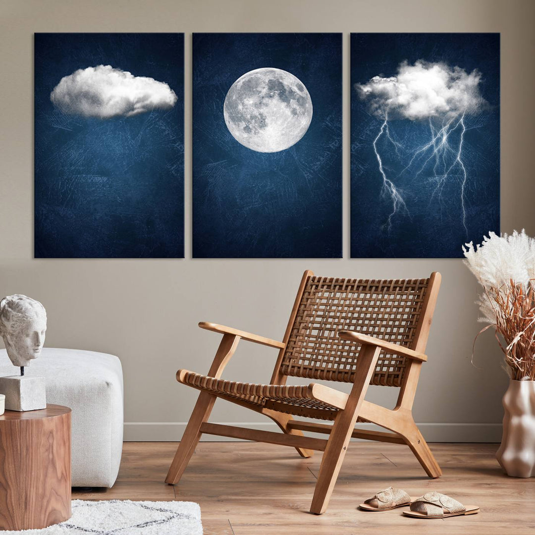 Dark Blue Cloud Art, 3 Piece Indigo Blue Wall Art, Aesthetic Surreal Art, Thunderstorm Moon Cloud Artworks 