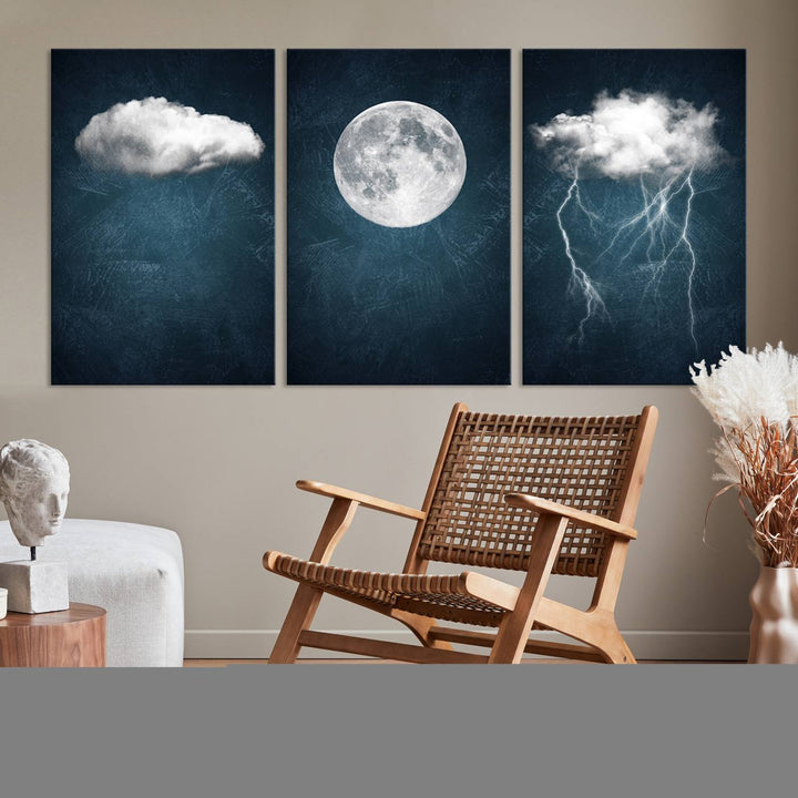 The "3 Piece Indigo Cloud Wall Art, Thunderstorm Moon Cloud Artworks" on museum-quality canvas with UV-protective coating is prominently displayed.