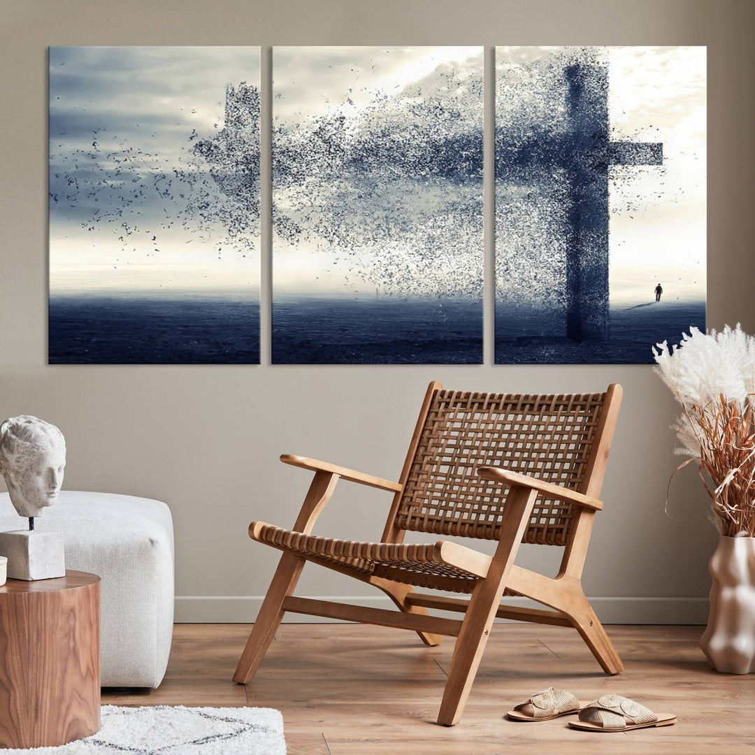 The "Jesus and the Fading Cross – Symbol of Faith" framed canvas print beautifully depicts a cross formed by birds against a moody sky above an ocean. This piece of Christian wall art infuses spirituality into the minimalist space.