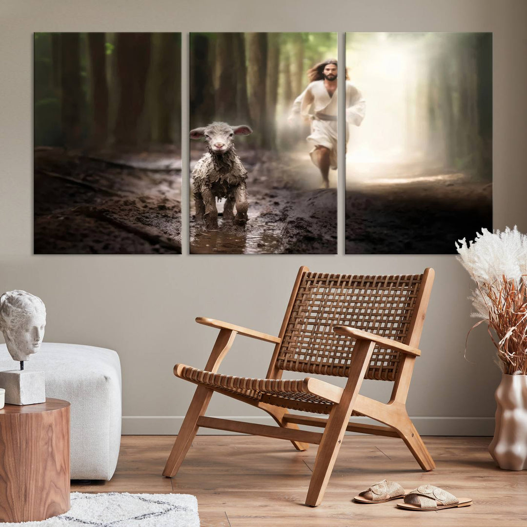 Discover the "Jesus Canvas Wall Art: Jesus Running After Lost Lamb," an exquisite triptych canvas piece that beautifully depicts Jesus in pursuit of a lost lamb within a forest setting. This artwork features a gallery-quality finish and is handmade in the USA, adding both charm and craftsmanship to your space. Perfect for Christian home decor enthusiasts.