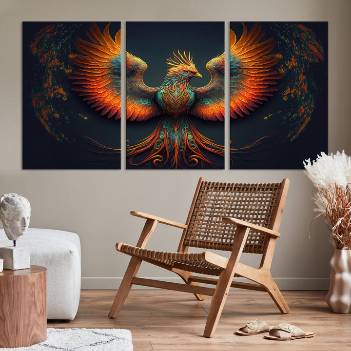 The Majestic Phoenix Wall Art Canvas Set, a fiery symbol of rebirth and strength, graces the wall.