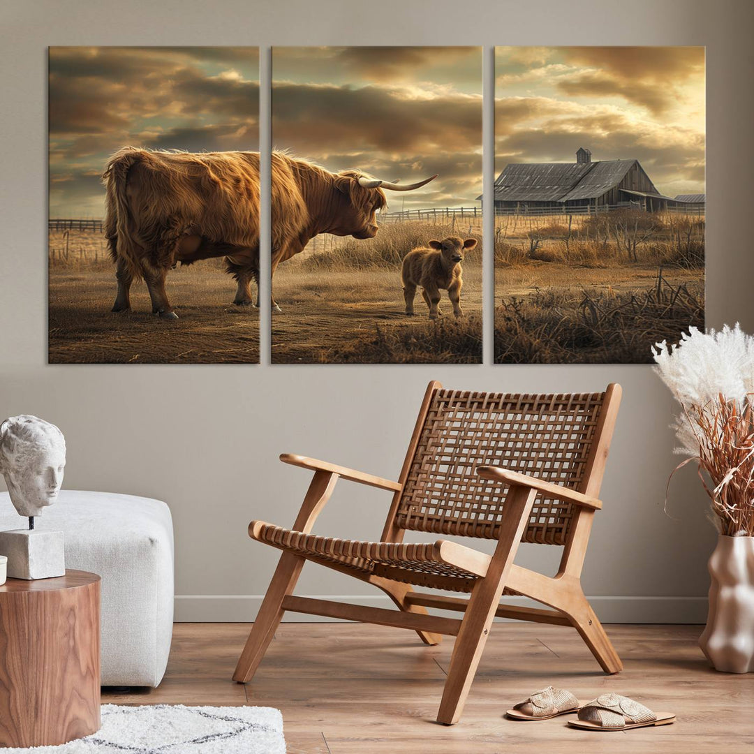 The living room features the "Highland Cow Canvas Wall Art Animal Print Pictures Fluffy Cattle Art," which captures a cow and calf in a rural sunset scene, adding gallery-quality charm.