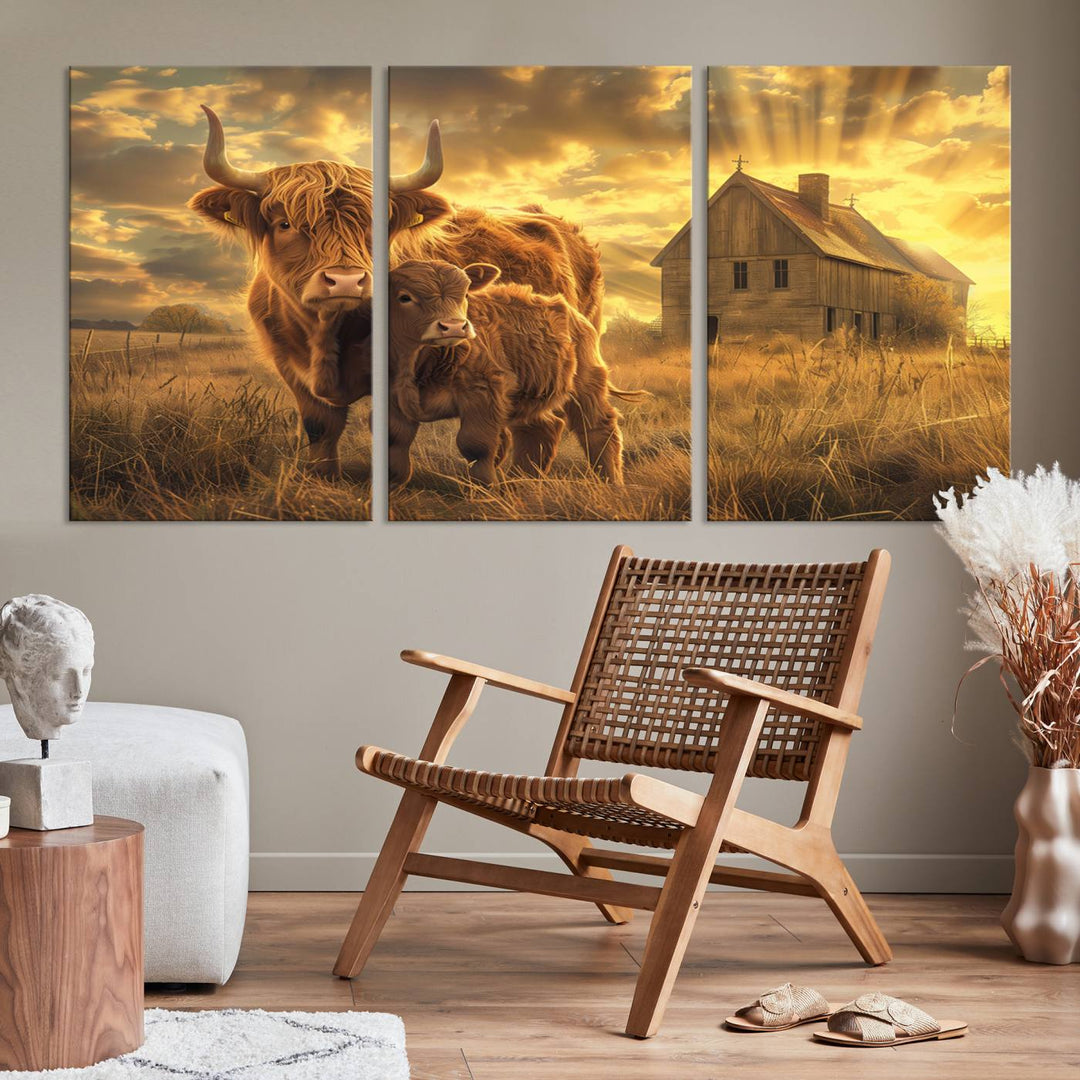 The room features the Barn and Highland Cow Canvas Wall Art Animal Print, a three-panel canvas depicting cows in a sunset field with a rustic barn backdrop. This handmade piece brings charm and character with its gallery-quality finish.