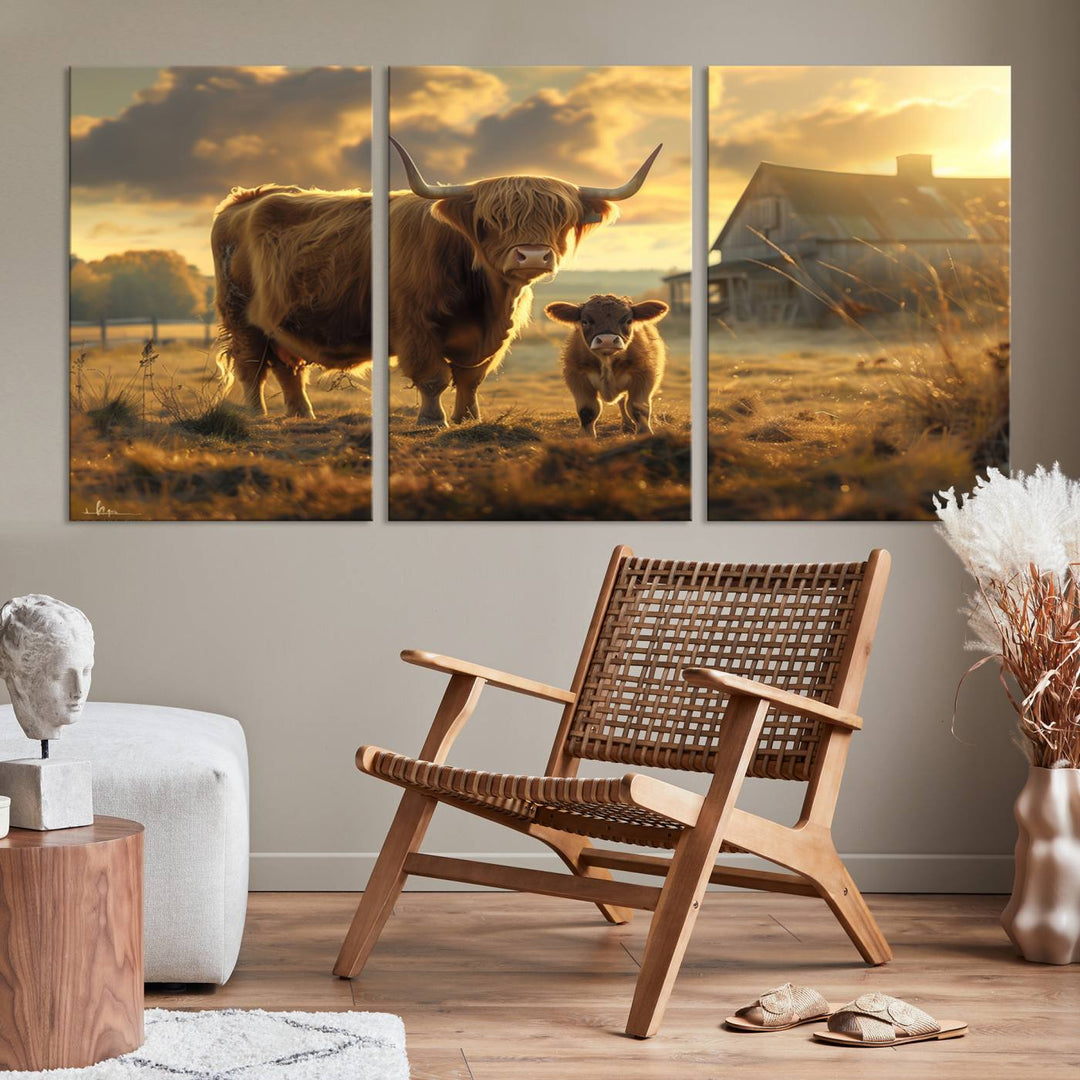 The "Highland Baby Cow Canvas Wall Art Animal Print" triptych art piece showcases a cow and calf in a sunlit field with a barn in the background.