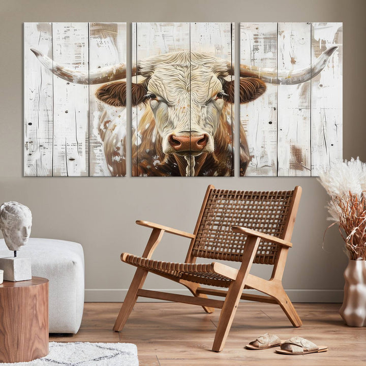 The dimly lit room is enhanced with Western charm by the Rustic Longhorn Bull Wall Art Canvas Set—Western-Inspired Farmhouse Décor, elegantly displayed on the wall.