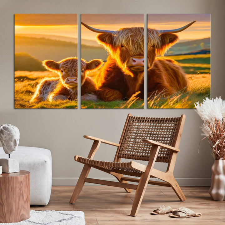 The living room showcases a gallery-quality finish with the Scottish Cow and Baby Cow Canvas Wall Art, featuring a charming animal print of fluffy cattle as the centerpiece. This stunning piece is displayed on premium canvas, creating an inviting atmosphere.