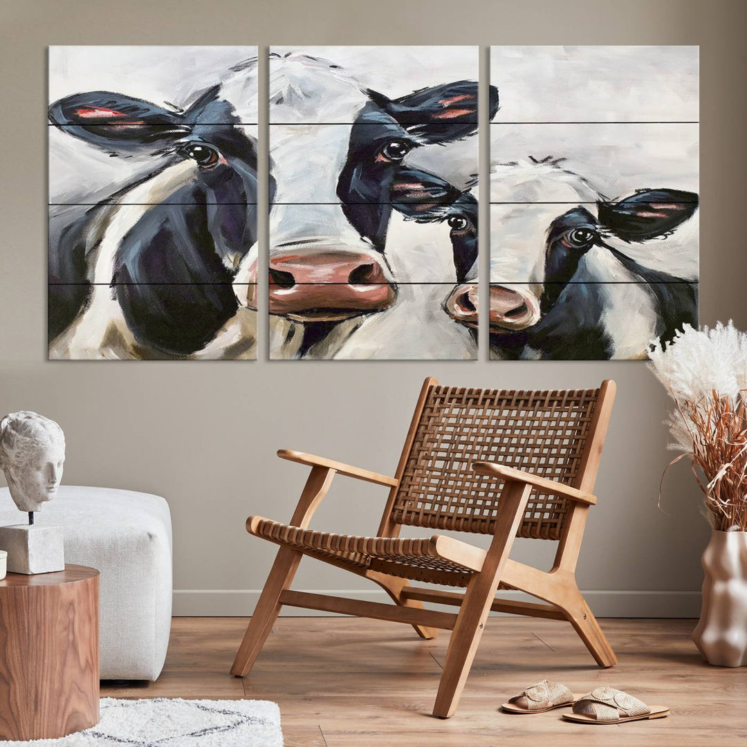 The Vintage Baby and Mom Cattle Wall Art Canvas Print is prominently displayed, adding a touch of contemporary and farmhouse decor to the modern living room.