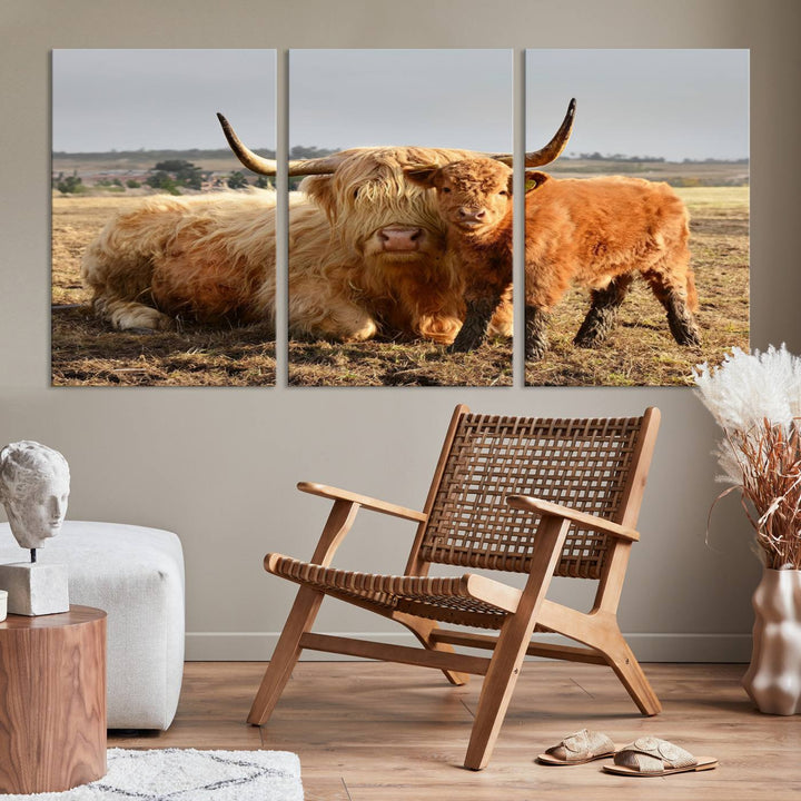 The three-panel canvas artwork, titled "Highland Cow Canvas Wall Art Animal Print for Farm House Decor," features a serene scene of a resting Highland cow and calf in a field. The piece highlights its gallery-quality finish.