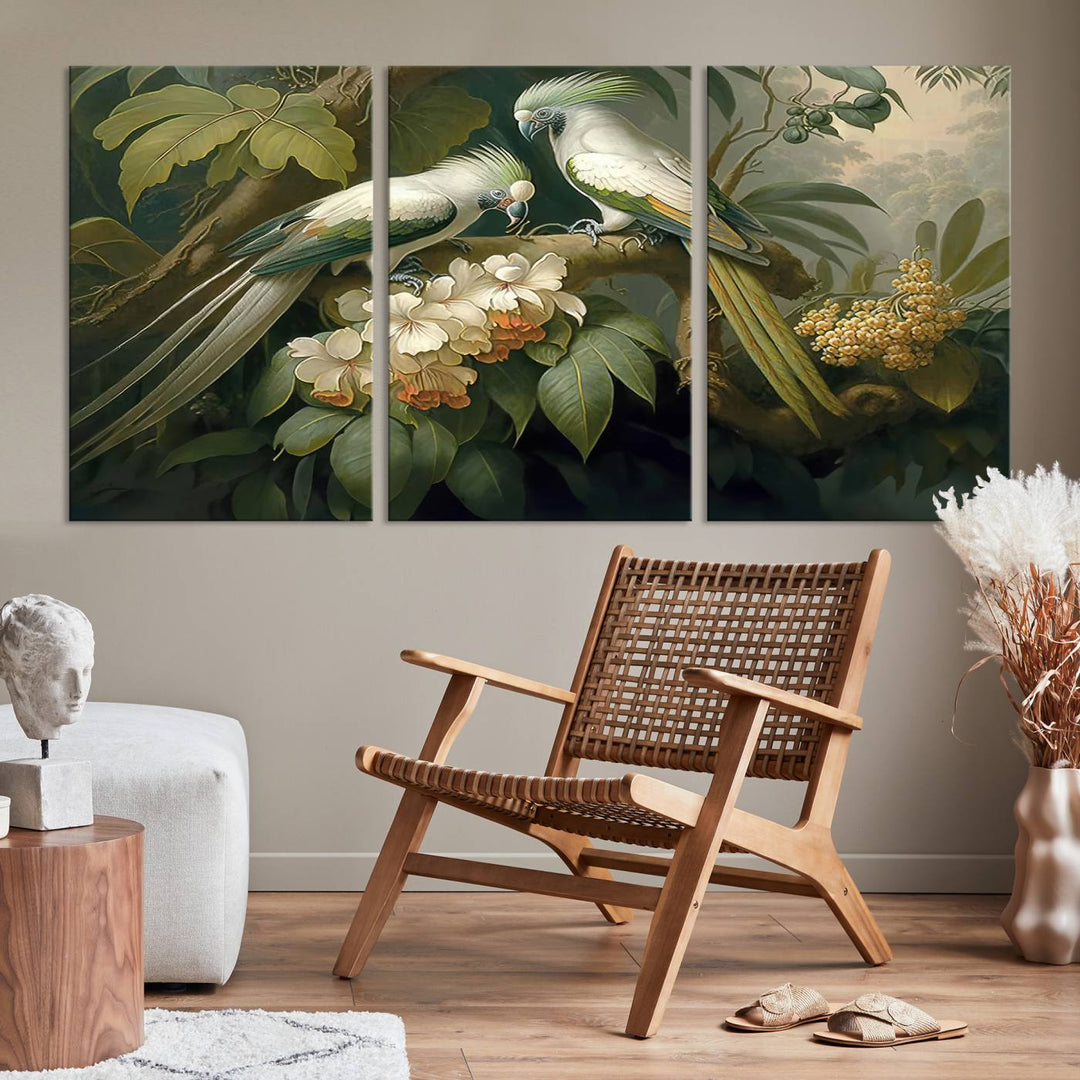 Crafted in the USA, this Tropical Paradise Print wall art features a stunning parrot amidst a lush forest and beautiful flowers.