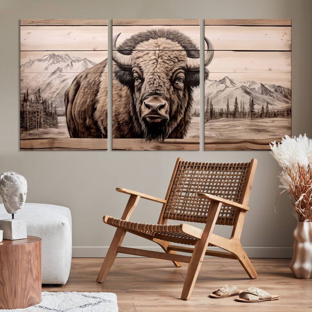 A stunning triptych artwork from the "Bison Canvas Wall Art American Buffalo Print Rustic Decor for Farmhouse Wall Art" collection graces the modern living room. Its vibrant colors are enhanced by museum-quality canvas and a UV-protective coating. The gallery-wrapped piece adds elegance to the space.